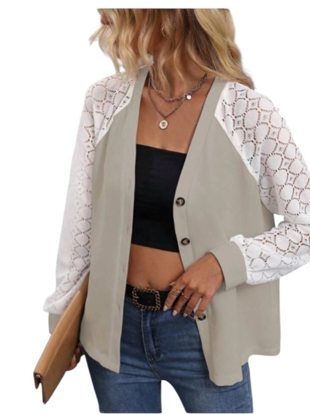 SHEIN LUNE Contrast Pointelle Raglan Sleeve Button Front Blouse size XL …